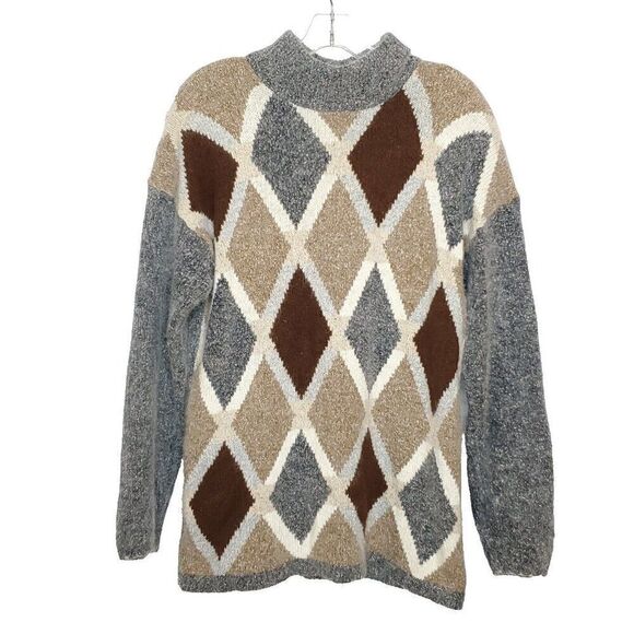 Vintage 90s Silk Angora Mock Neck Sweater L Argyle Diamond Academia Gray Brown - Picture 1 of 5